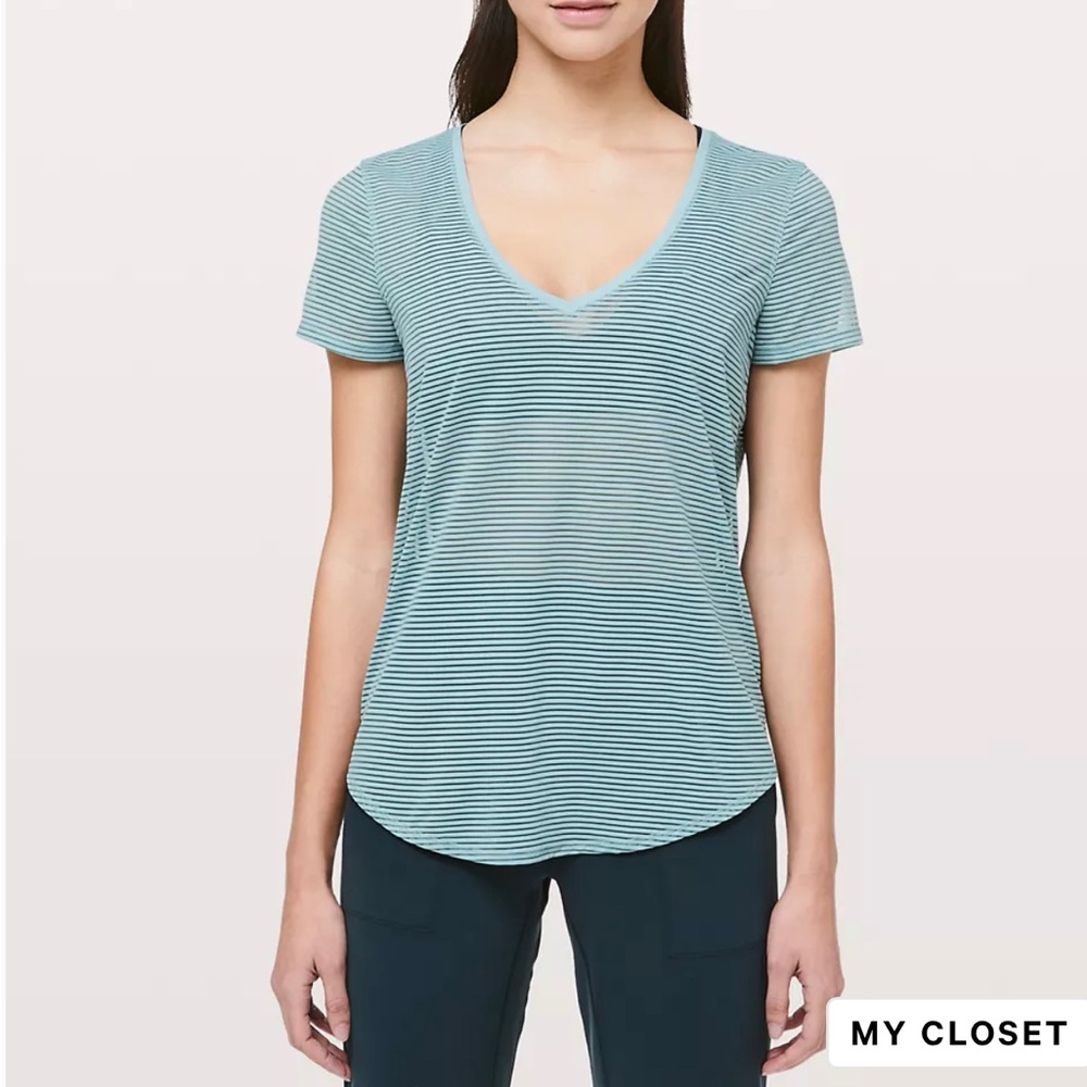 Lululemon “All Love Tee” in striped mesh shirt